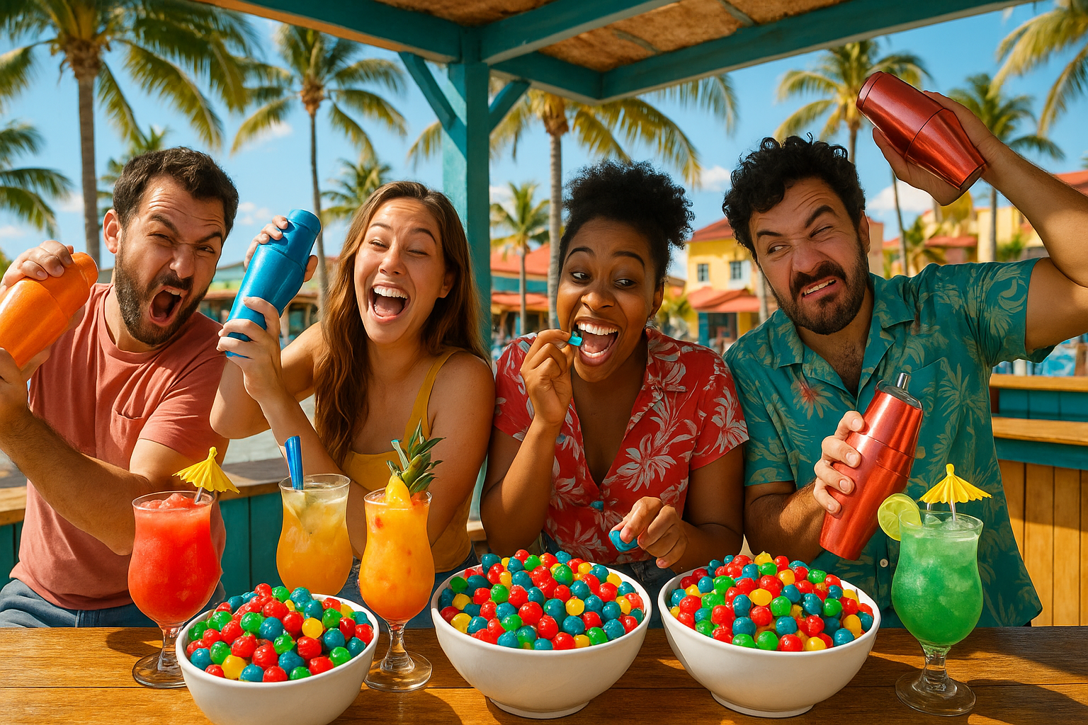 people having ridiculous fun in a beach town mixing cocktails at a bar , being silly with sugary bowls of candy in front of them (the viral gushers to be exact)